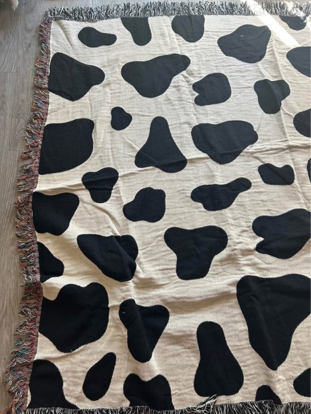 90s Cow Print Fringe Throw Blanket - Black & Cream
